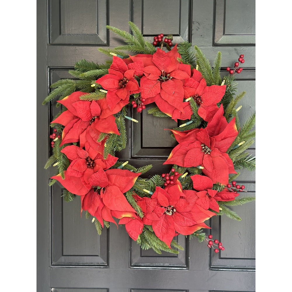 Holiday Bright Light 24" Pre-lit Poinsettia Berry Pinecone Artificial Wreath NOB